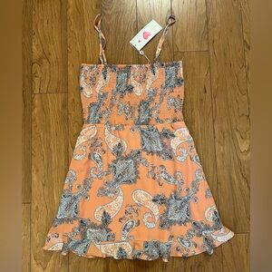 NWT Buddylove Medium Paisley Print Peach Orange Mini Smocked Dress